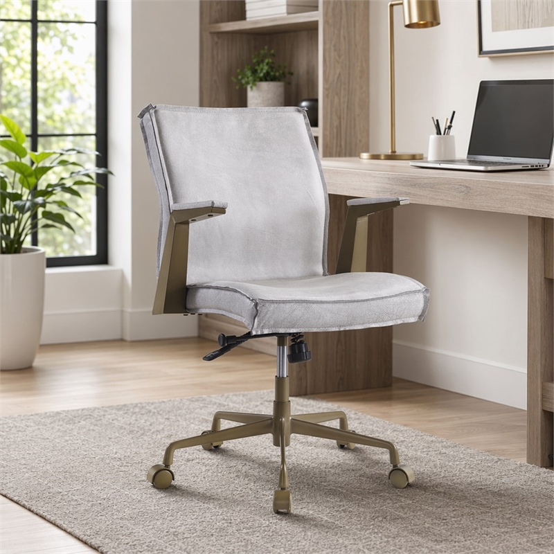Bowery Hill Top Grain Leather Executive Office Chair in Vintage White
