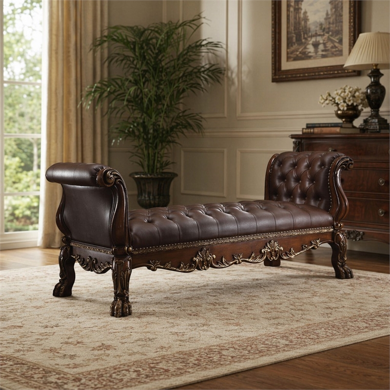 Bowery Hill Upholstered Bench in Faux Leather and Cherry Oak Finish