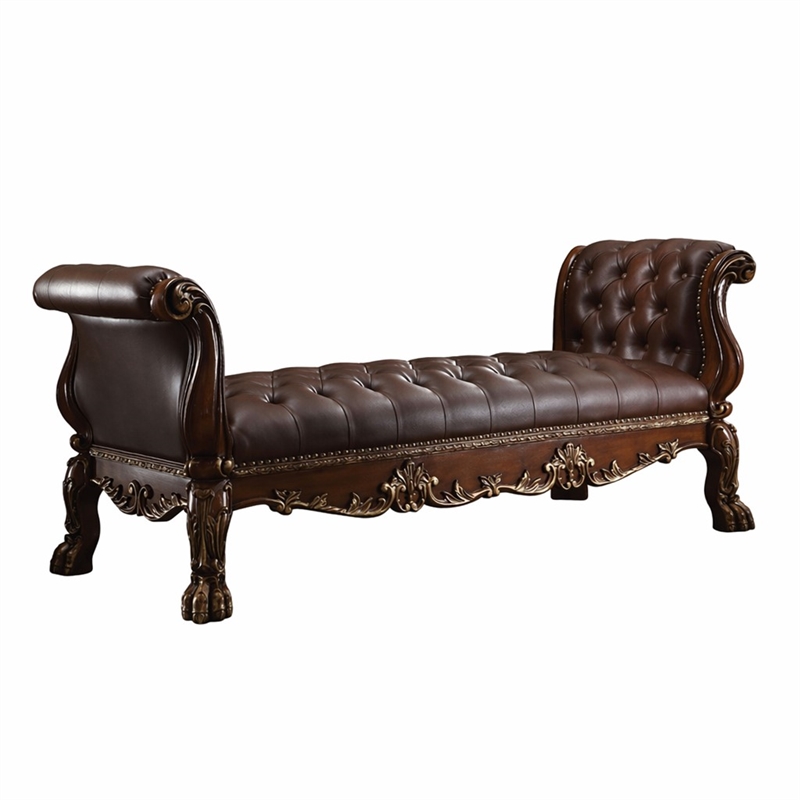 Bowery Hill Upholstered Bench in Faux Leather and Cherry Oak Finish