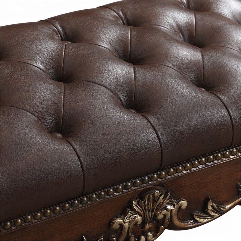 Bowery Hill Upholstered Bench in Faux Leather and Cherry Oak Finish