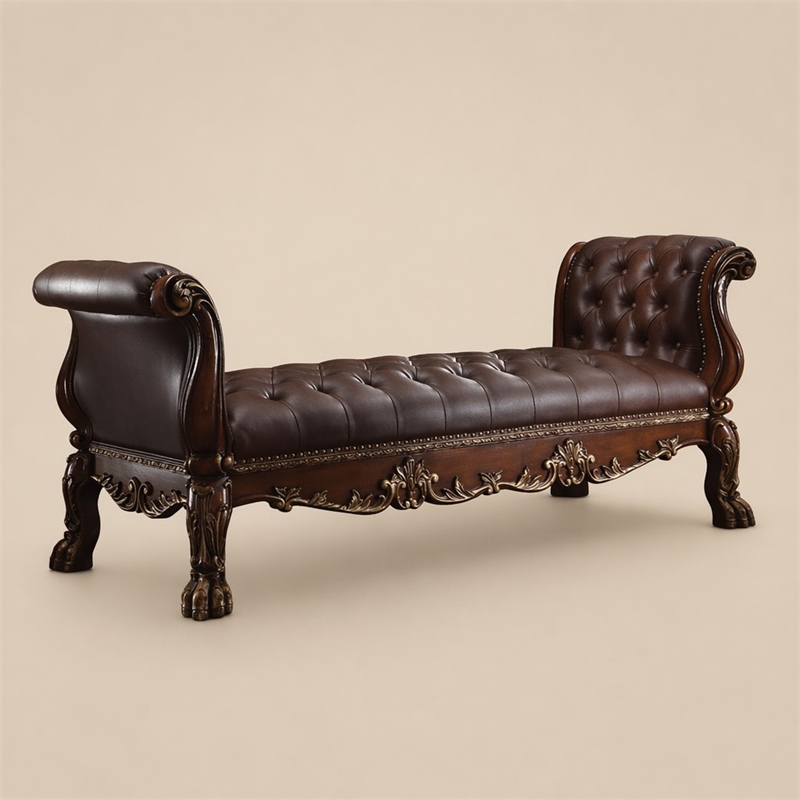 Bowery Hill Upholstered Bench in Faux Leather and Cherry Oak Finish