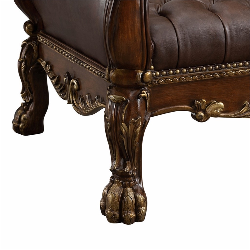 Bowery Hill Upholstered Bench in Faux Leather and Cherry Oak Finish