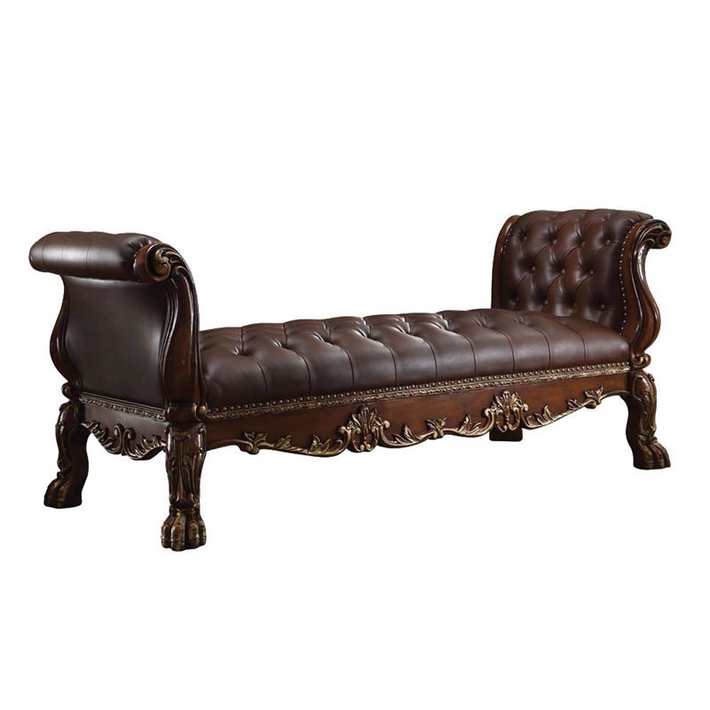 Bowery Hill Upholstered Bench in Faux Leather and Cherry Oak Finish