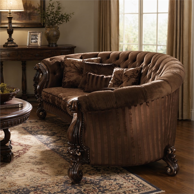 Bowery Hill Versailles Sofa in Brown Velvet with Cherry Oak Trim