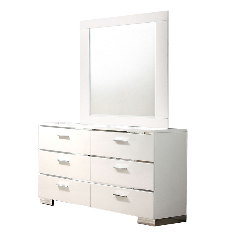 Bowery Hill 4 Pc Queen Bedroom Set in White Wood/Chrome Stripes
