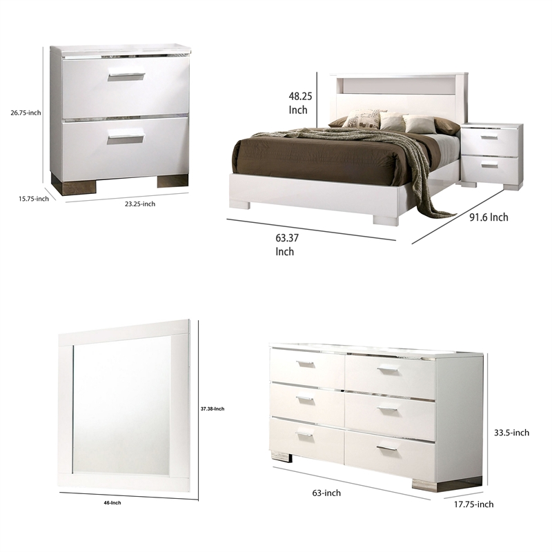 Bowery Hill 4 Pc Queen Bedroom Set in White Wood/Chrome Stripes