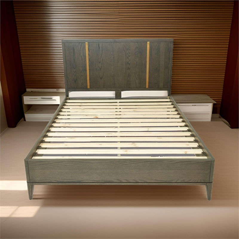 Bowery Hill King Platform Bed with Gold Accent Panel Headboard in Brown