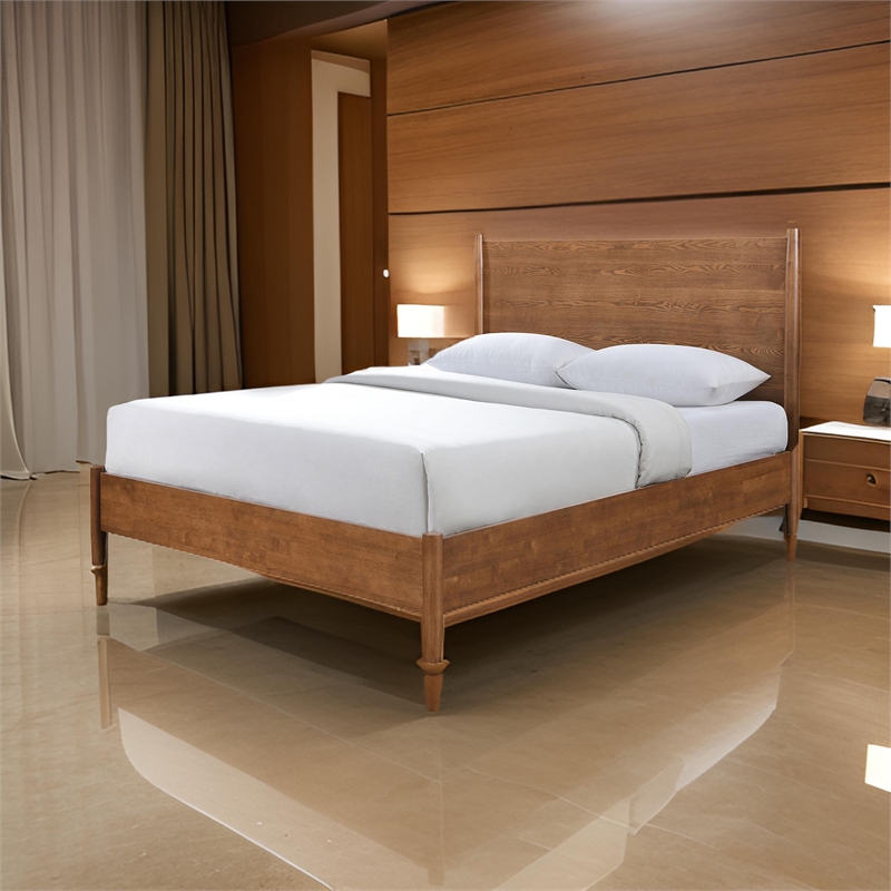 Bowery Hill Queen Bed with Panel Headboard in Walnut Brown Solid Wood