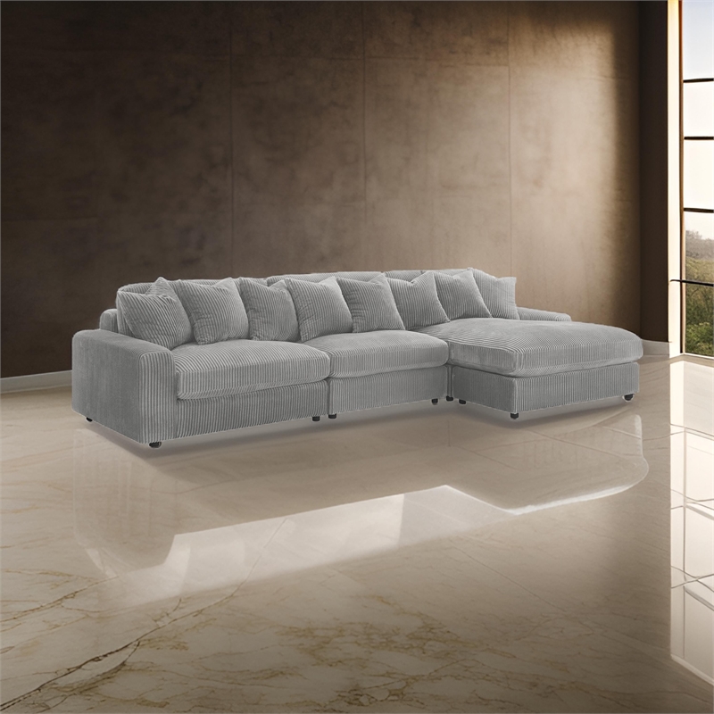 Bowery Hill 3 Pc Sectional with Reversible Chaise and 8 Pillows in Gray