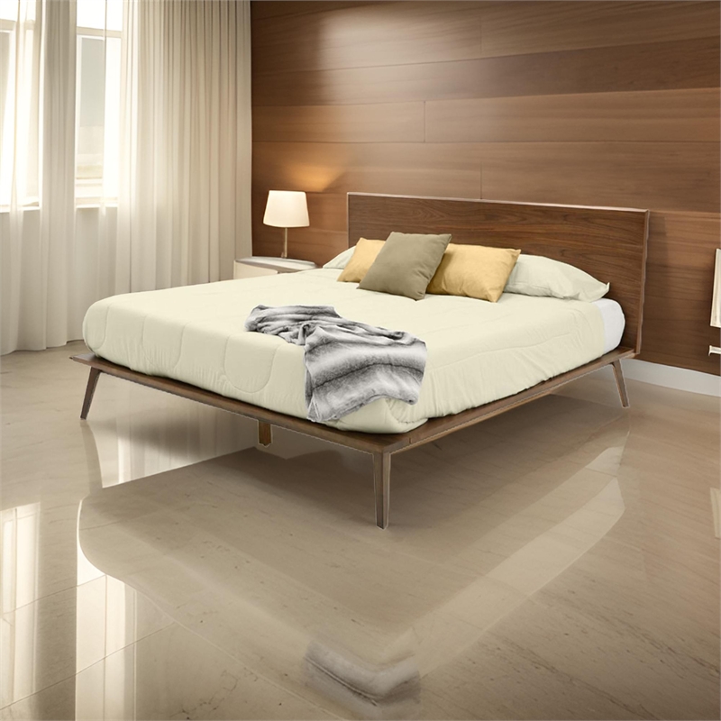 Bowery Hill King Platform Bed with Panel Headboard in Brown Walnut Veneer