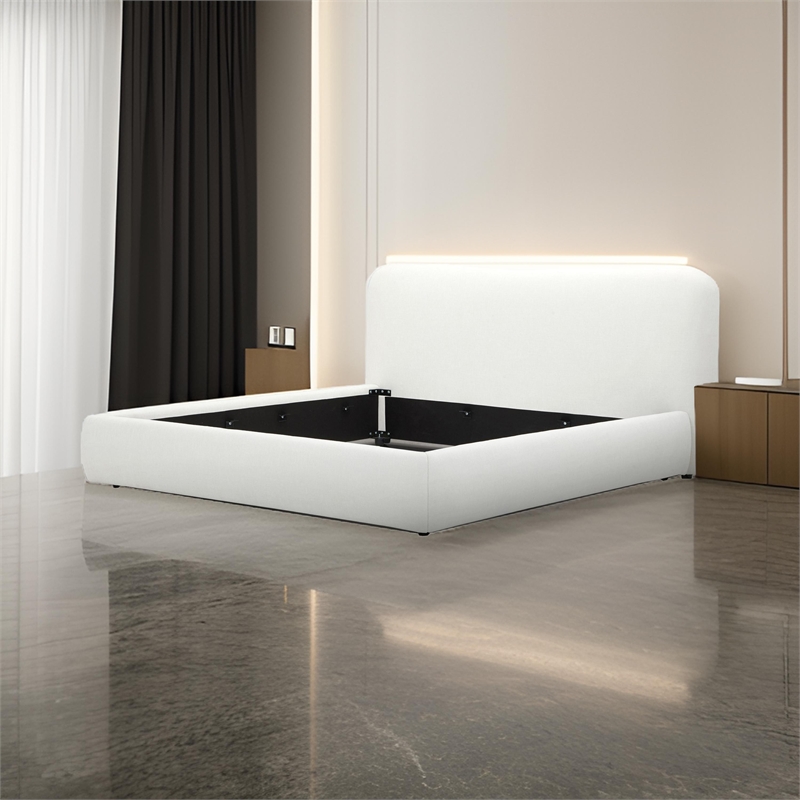 Bowery Hill King Bed in Ivory Polyester Upholstery with Metal Frame