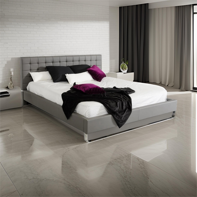 Bowery Hill King Platform Bed with Tufted Gray Faux Leather Upholstery