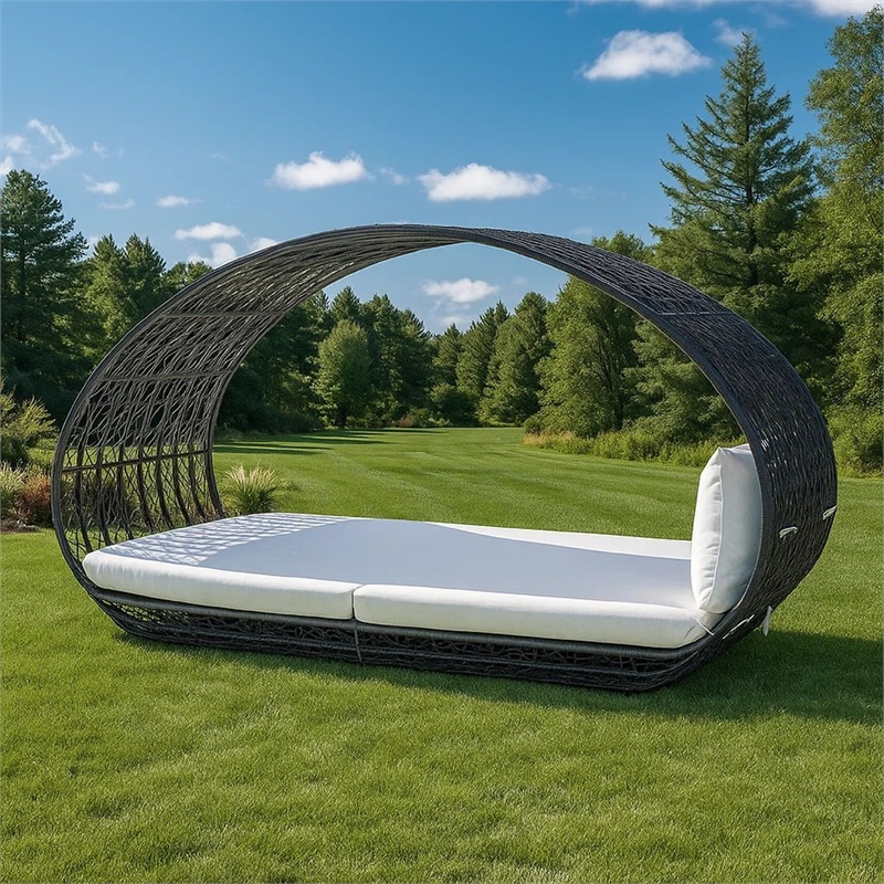 Bowery Hill Outdoor Canopy Daybed with Gray Faux Rattan Frame in Off White