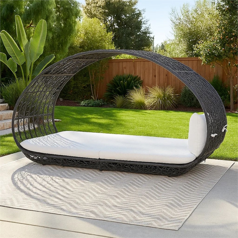 Bowery Hill Outdoor Canopy Daybed with Gray Faux Rattan Frame in Off White
