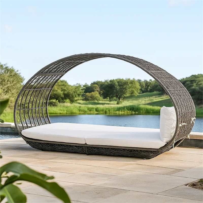 Bowery Hill Outdoor Canopy Daybed with Gray Faux Rattan Frame in Off White