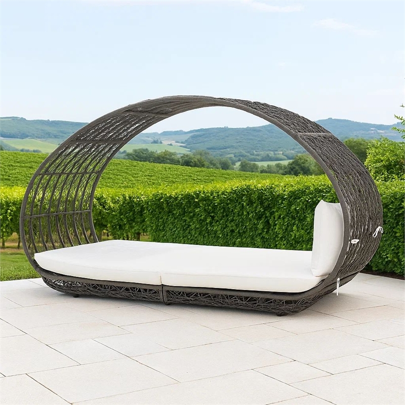 Bowery Hill Outdoor Canopy Daybed with Gray Faux Rattan Frame in Off White
