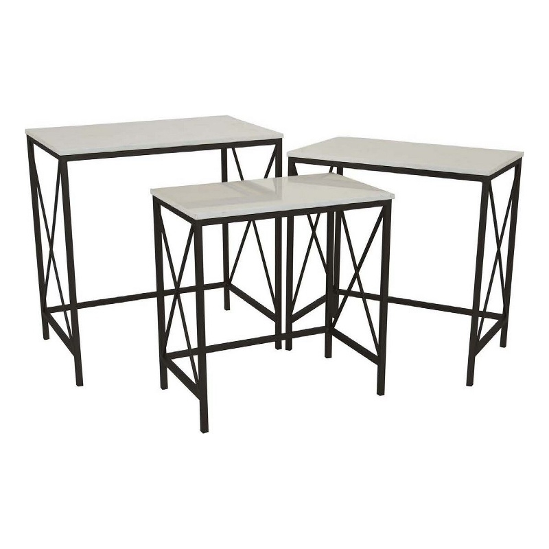 Bowery Hill Plant Stand Table Set of 3 with Marble Top in Black Metal