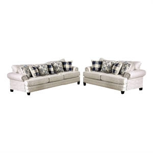 Bowery Hill 2 Pc Sofa and Loveseat Set with 9 Pillows in Ivory Faux Linen