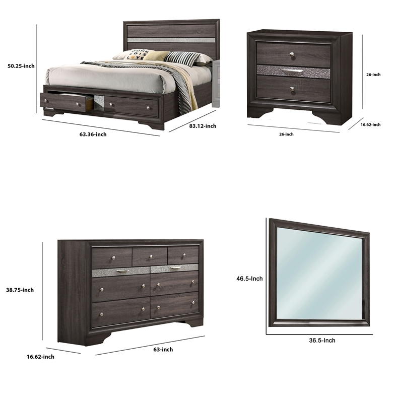 Bowery Hill 4 Pc Queen Bedroom Set with Silver Accent Knobs in Gray
