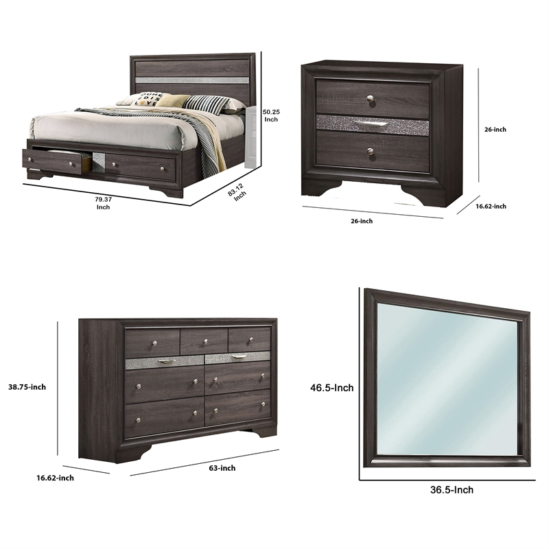 Bowery Hill 4 Pc King Bedroom Set with Silver Accent Knobs in Gray