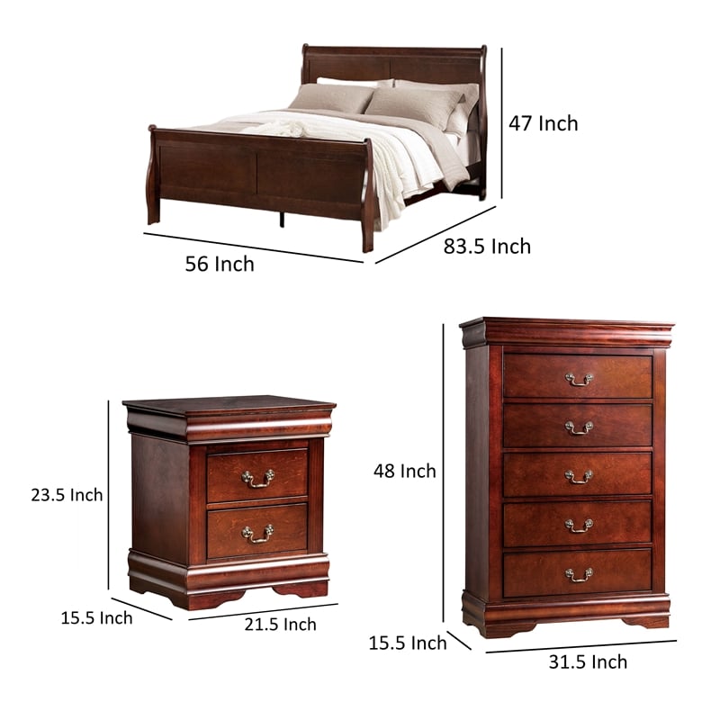 Bowery Hill 3 Pc Full Bedroom Set with Hanging Pulls in Cherry Brown Wood