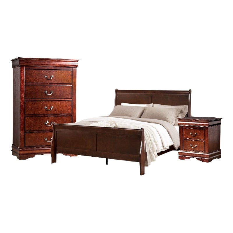 Bowery Hill 3 Pc Full Bedroom Set with Hanging Pulls in Cherry Brown Wood