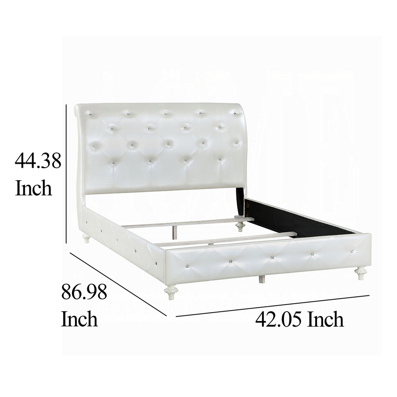 Bowery Hill Twin Bed in White Faux Leather Victorian Carved with Crystals