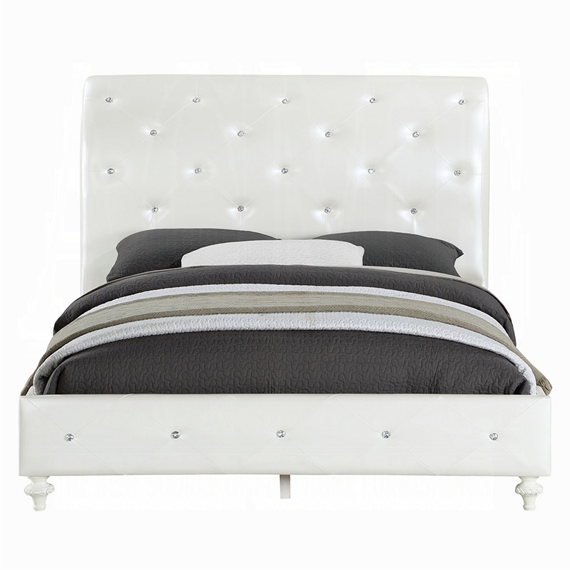Bowery Hill Twin Bed in White Faux Leather Victorian Carved with Crystals