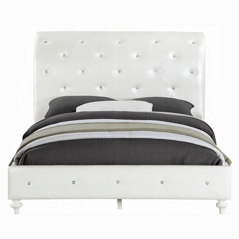 Bowery Hill Full Bed in White Faux Leather Victorian Carved with Crystals