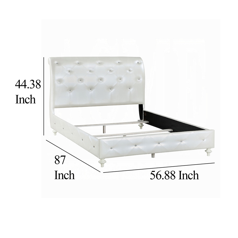 Bowery Hill Full Bed in White Faux Leather Victorian Carved with Crystals