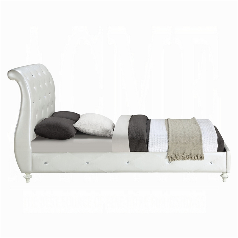Bowery Hill Full Bed in White Faux Leather Victorian Carved with Crystals