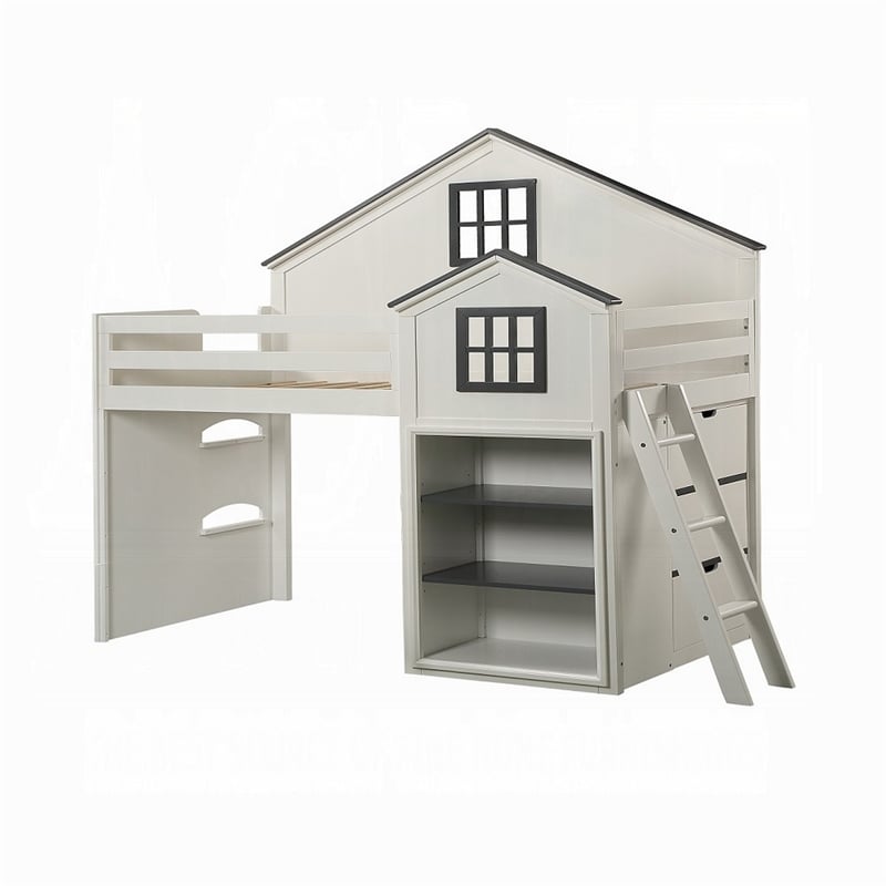 Bowery Hill Twin Loft Bed with House Built In Bookshelf in White and Gray