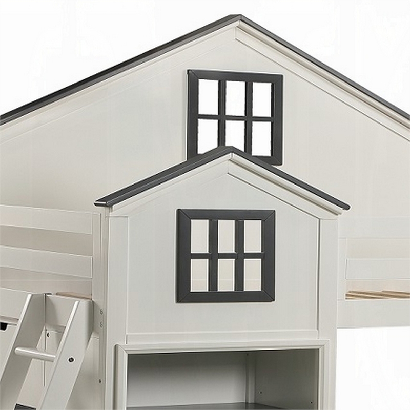 Bowery Hill Twin Loft Bed with House Built In Bookshelf in White and Gray