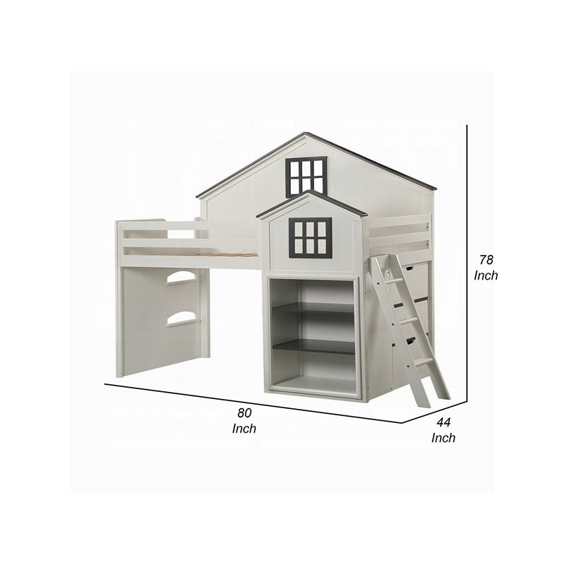 Bowery Hill Twin Loft Bed with House Built In Bookshelf in White and Gray