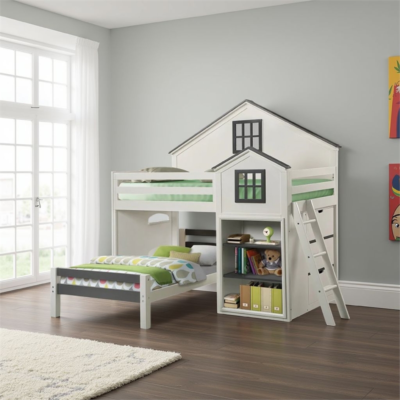 Bowery Hill Twin Loft Bed with House Built In Bookshelf in White and Gray