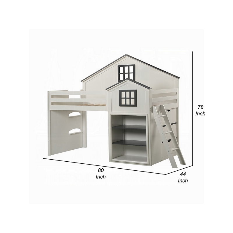 Bowery Hill Twin Loft Bed with House Built In Bookshelf in White and Gray