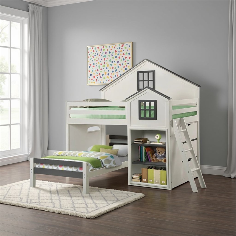 Bowery Hill Twin Loft Bed with House Built In Bookshelf in White and Gray