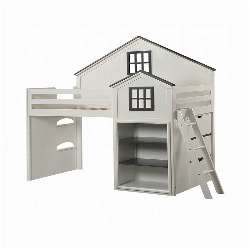 Bowery Hill Twin Loft Bed with House Built In Bookshelf in White and Gray