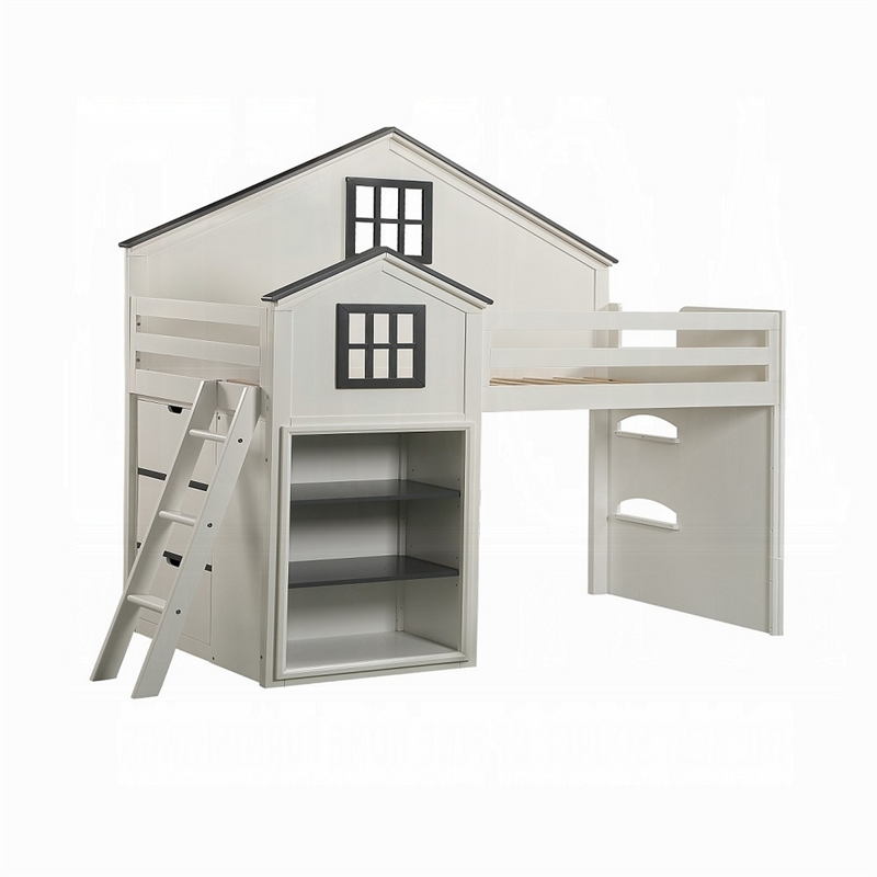 Bowery Hill Twin Loft Bed with House Built In Bookshelf in White and Gray