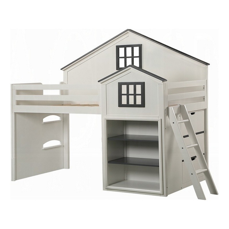 Bowery Hill Twin Loft Bed with House Built In Bookshelf in White and Gray