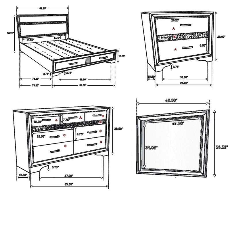 Bowery Hill 4 Pc Full Bedroom Set with Storage Footboard in Black Stripes