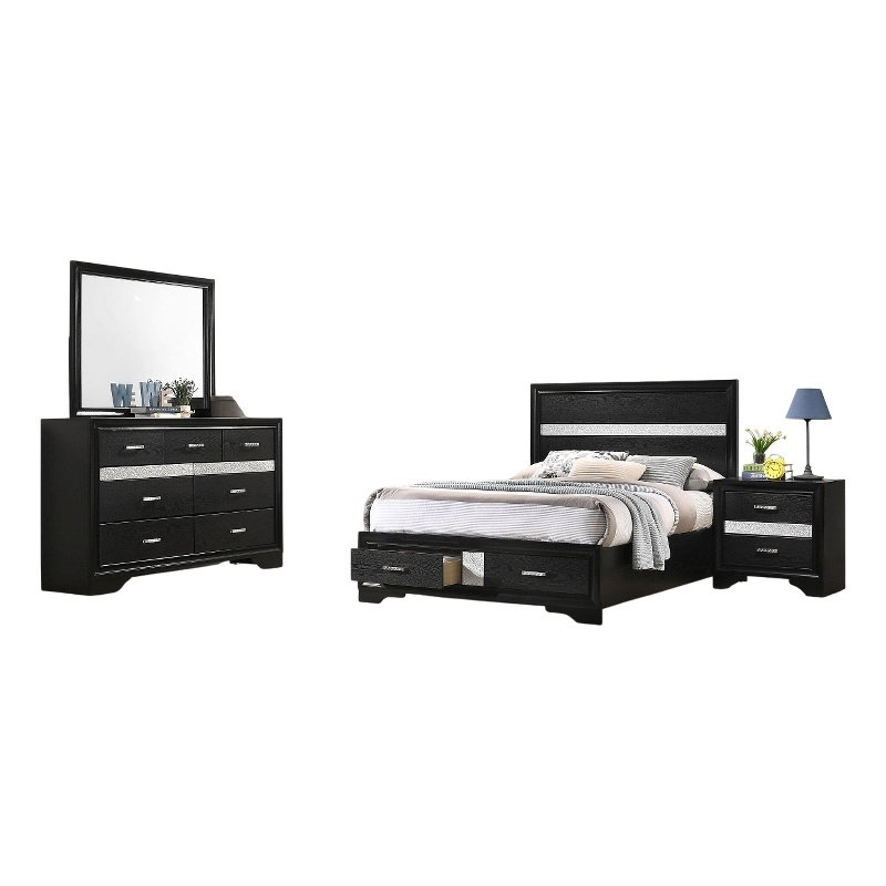 Bowery Hill 4 Pc Full Bedroom Set with Storage Footboard in Black Stripes