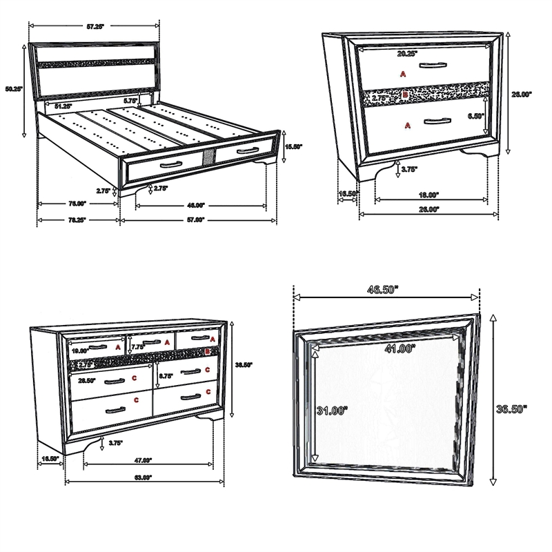 Bowery Hill 4 Pc Full Bedroom Set with Storage Footboard in White Stripes