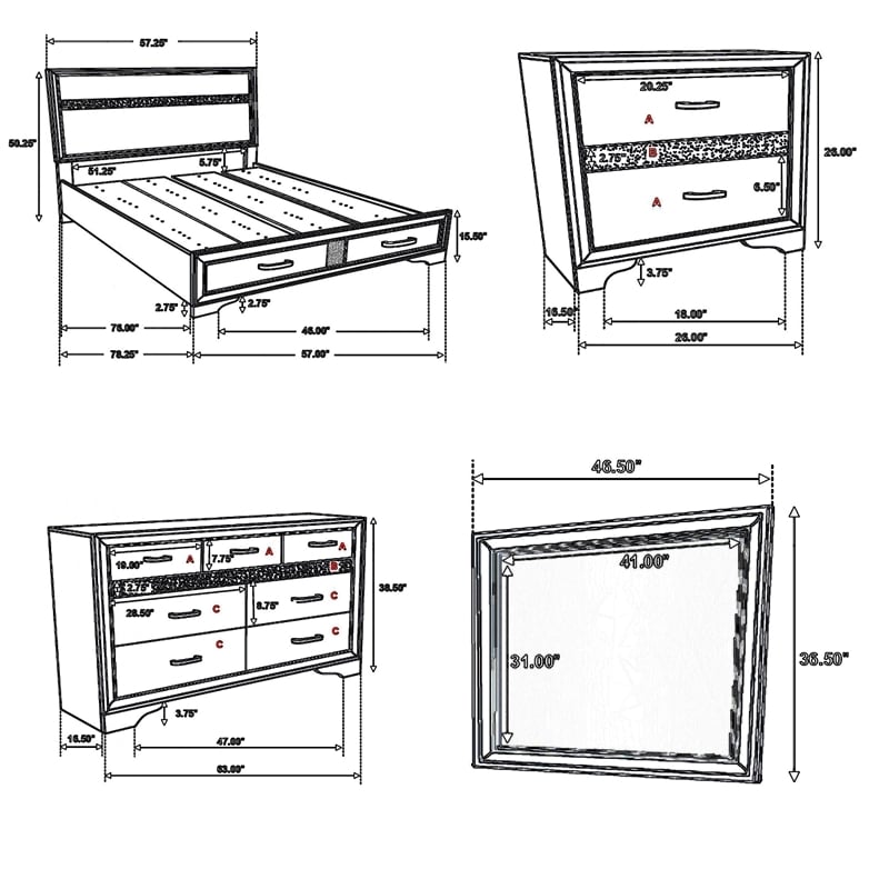 Bowery Hill 4 Pc Full Bedroom Set with Storage Footboard in White Stripes