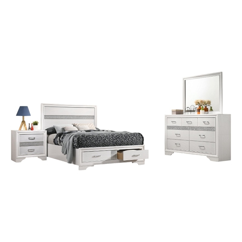 Bowery Hill 4 Pc Full Bedroom Set with Storage Footboard in White Stripes