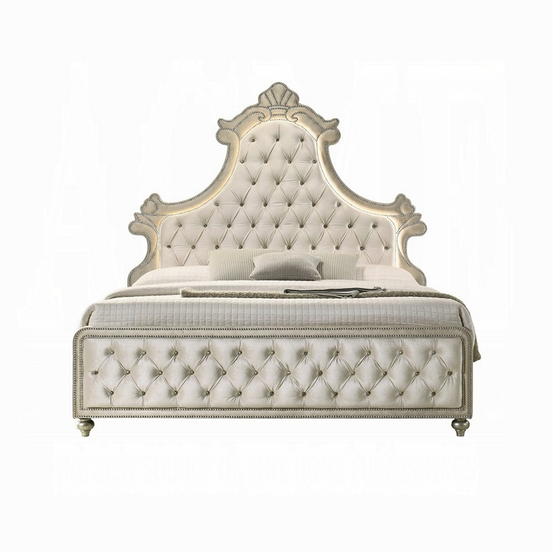 Bowery Hill King Bed with LED Lights in Beige Velvet and Brown Wood