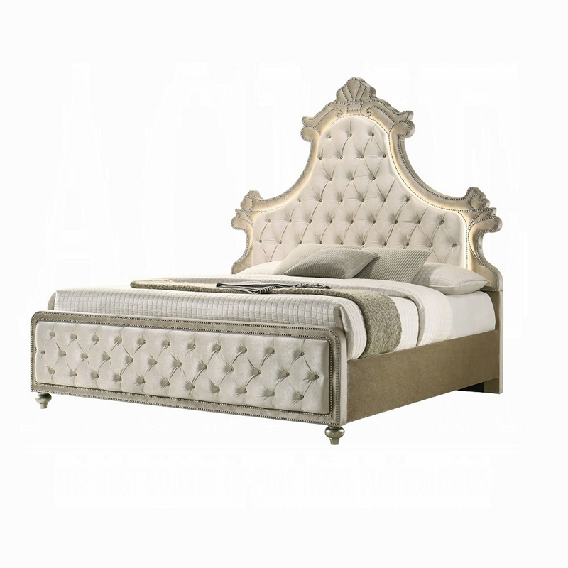 Bowery Hill King Bed with LED Lights in Beige Velvet and Brown Wood
