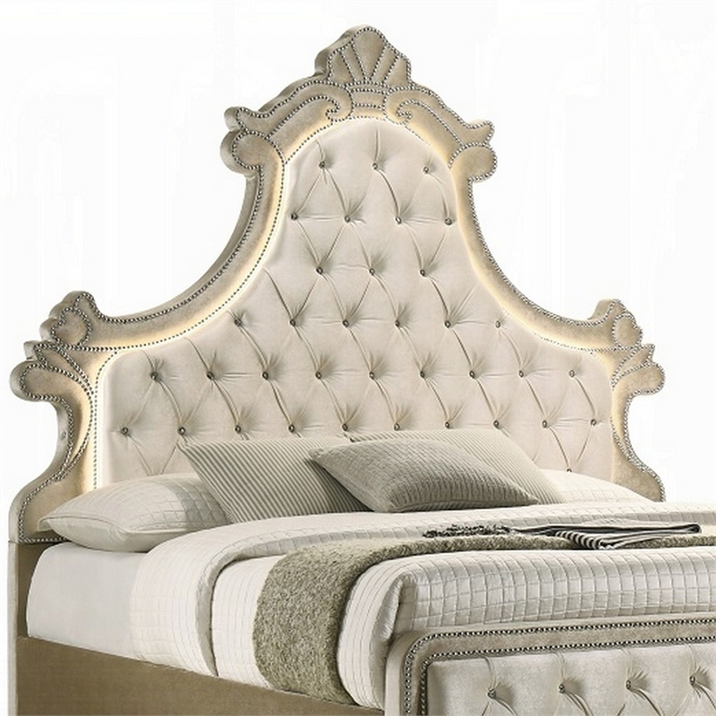 Bowery Hill King Bed with LED Lights in Beige Velvet and Brown Wood