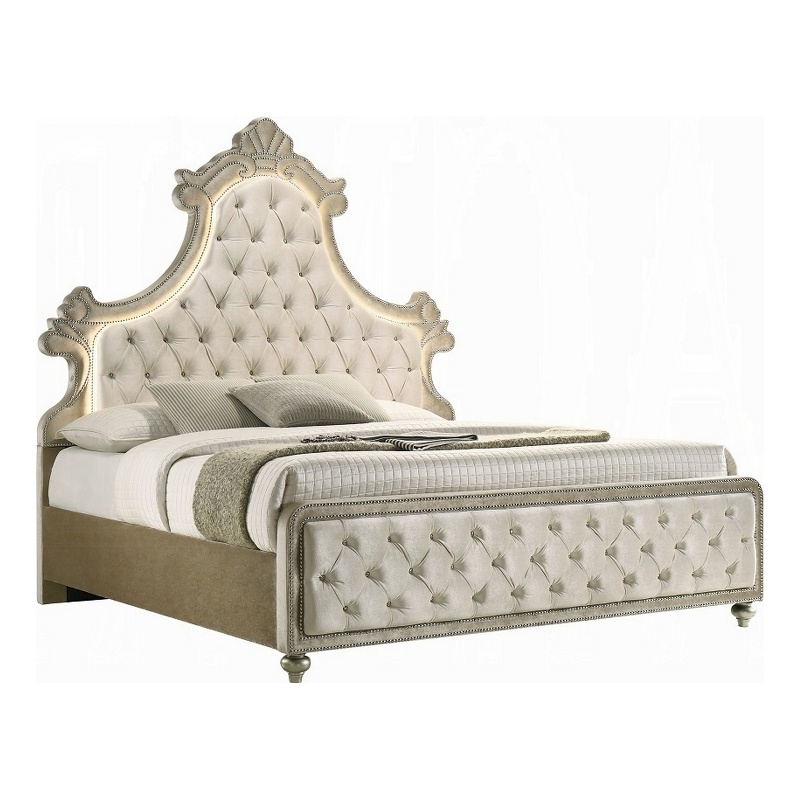 Bowery Hill King Bed with LED Lights in Beige Velvet and Brown Wood