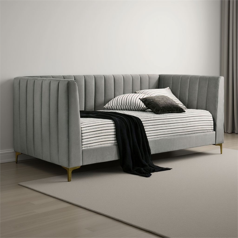 Bowery Hill Twin Daybed with Tuxedo Details in Gray Tufted Flannelette
